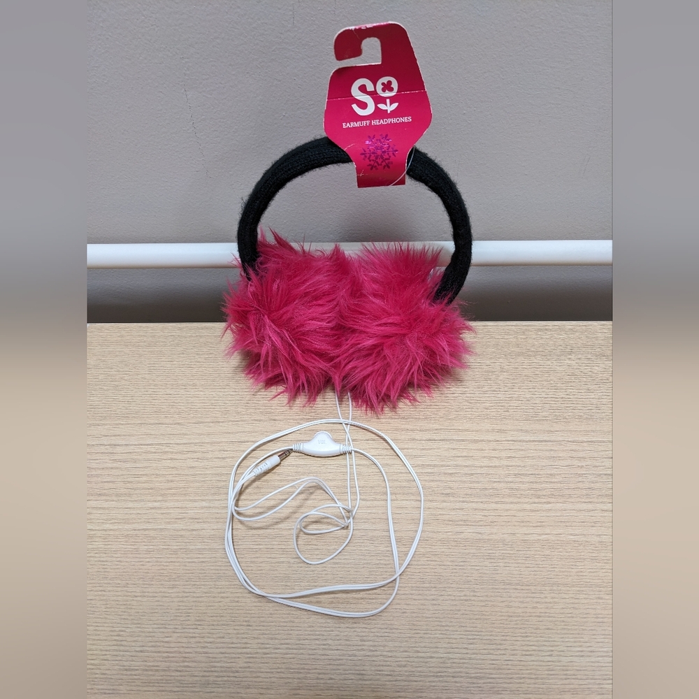 SO Kohl's Pink and Black Fluffy Over-Ear Wired Headphones Ear Muffs